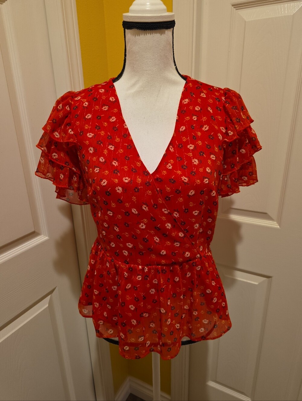 MADEWELL RED FLORAL BLOUSE, SIZE S